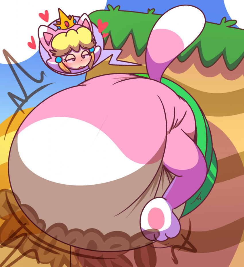 &lt;3 2022 big_diaper blonde_hair blush cat_costume cat_suit_(mario) clothing costume crown diaper eyes_closed feces female fur hair headgear hi_res huge_diaper human looking_pleasured mammal mario_bros nintendo onomatopoeia pipe princess_peach rear_view rosycozy soiling solo sound_effects stuck stuck_in_pipe text underwear