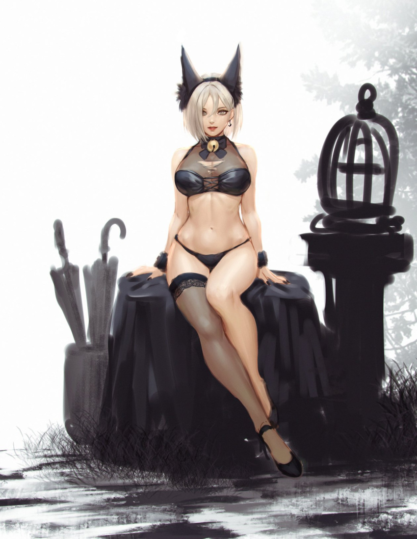 1girl animal_ears bare_shoulders bell birdcage black_bow black_bowtie black_bra black_footwear black_nails black_panties bob_cut bow bowtie bra breasts cage cat_ears cleavage commentary earrings fingernails full_body grey_eyes grey_hair grey_legwear hair_between_eyes highres jewelry jingle_bell large_breasts looking_at_viewer medium_hair nail_polish navel neck_bell original panties parted_lips shoes single_thighhigh sitting siun sketch smile solo thighhighs umbrella underwear unfinished unfinished_background wristband