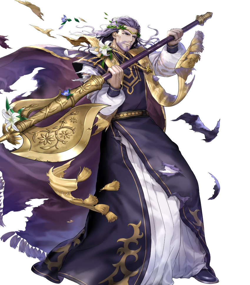 1boy axe beard damaged facial_hair fire_emblem fire_emblem:_the_sacred_stones fire_emblem_heroes flower highres holding holding_axe holding_flower laurel_crown medium_hair non-web_source official_alternate_costume official_art purple_eyes purple_hair solo torn_clothes vigarde_(fire_emblem) vigarde_(valentine)_(fire_emblem)