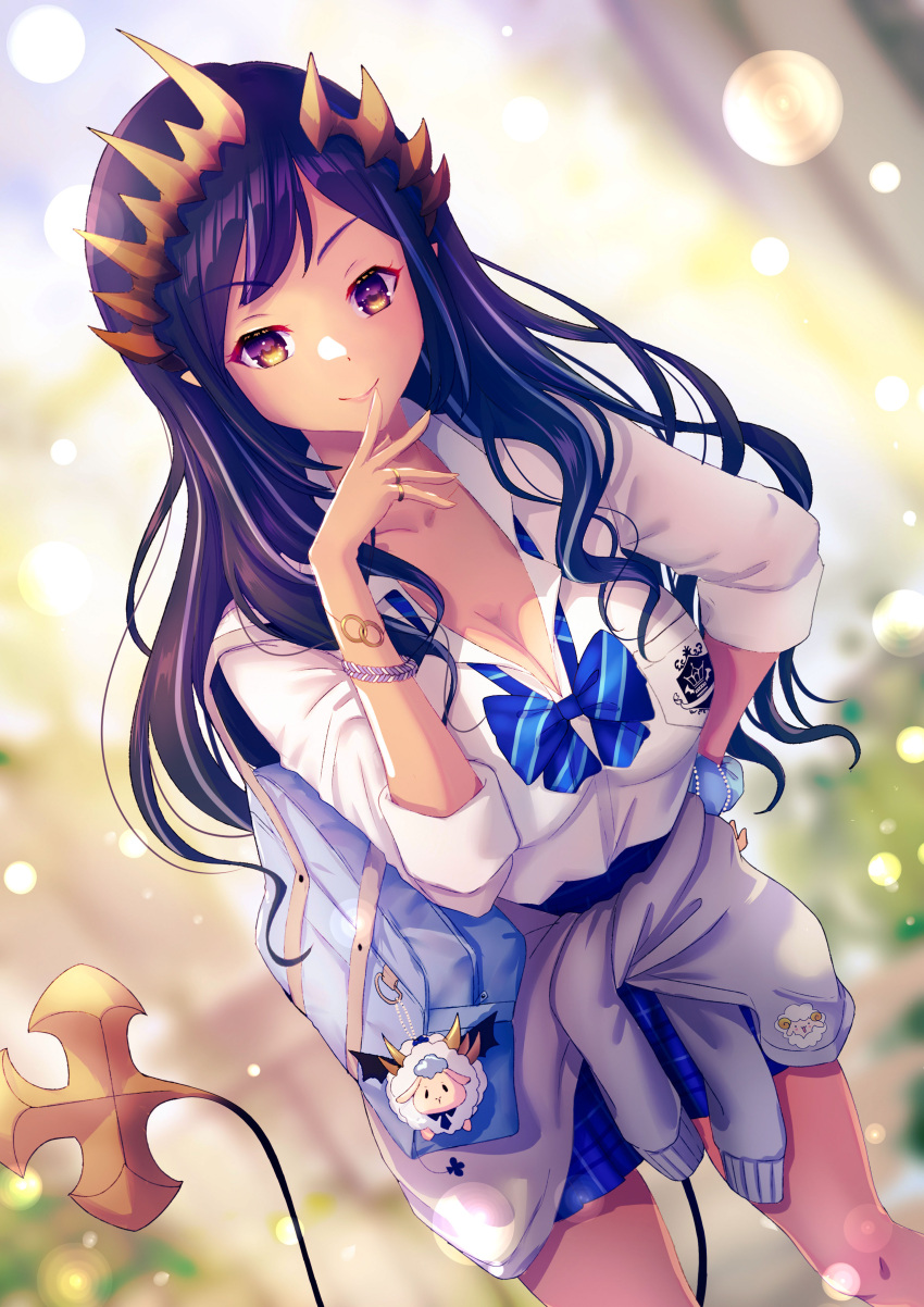 1girl absurdres bag black_hair blue_bag blue_bow blue_bowtie blue_skirt blurry blush bokeh bow bowtie breast_pocket breasts brown_eyes cleavage closed_mouth clothes_around_waist collared_shirt commentary_request dark-skinned_female dark_skin demon_girl demon_tail depth_of_field dutch_angle feet_out_of_frame grey_sweater highres jewelry konekoneko_(konekopi) large_breasts leaning_forward long_hair looking_at_viewer medium_bangs nanashi_inc. plaid plaid_skirt pleated_skirt pocket ring school_bag shimamura_charlotte shirt short_sleeves sidelocks skirt smile solo striped_bow striped_bowtie striped_clothes sweater sweater_around_waist tail tan virtual_youtuber white_shirt