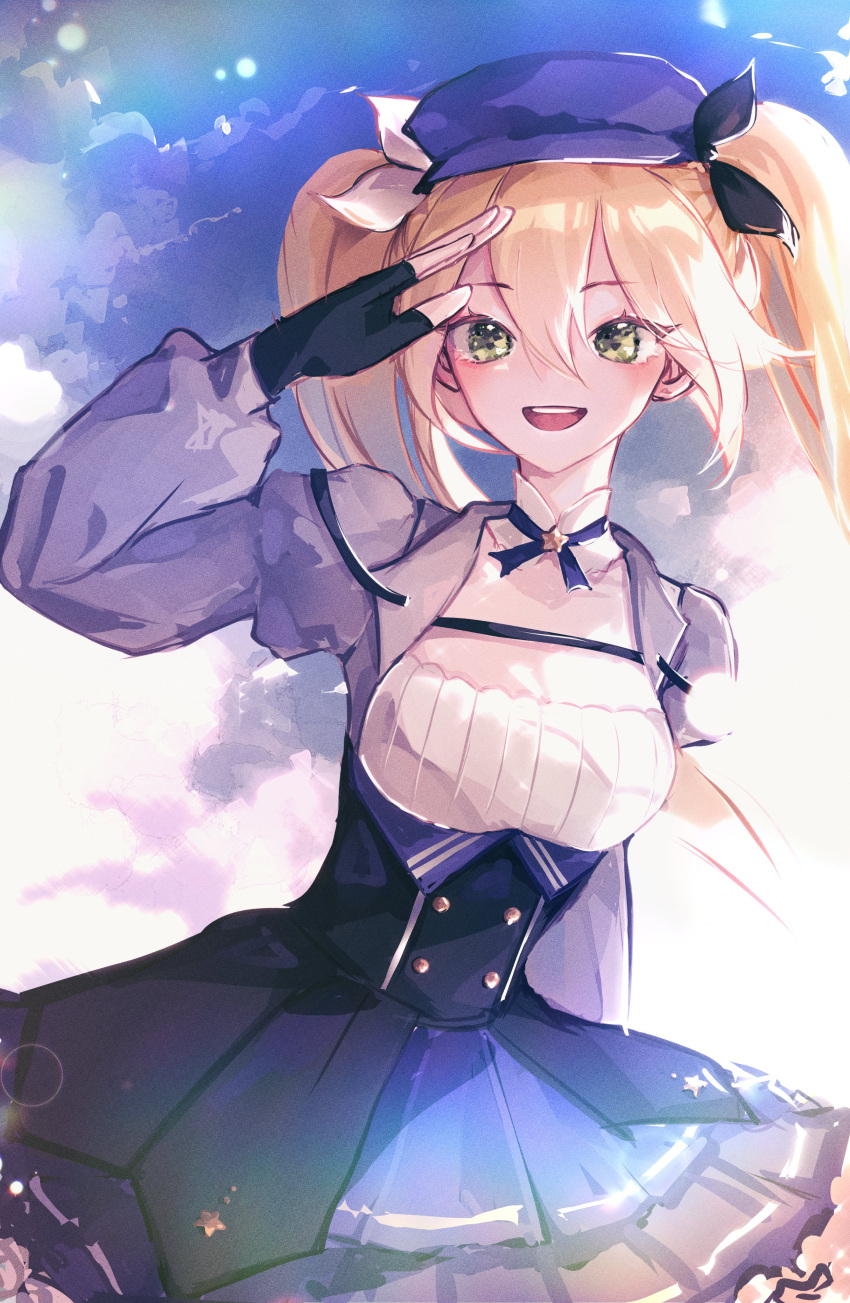 1girl absurdres arms_up black_gloves blonde_hair blue_ribbon blue_sky blush breasts choker cloud cloudy_sky commentary cowboy_shot day detached_collar dokibird_(vtuber) dress fingerless_gloves gloves green_eyes grey_jacket hair_between_eyes hair_ribbon hat highres indie_virtual_youtuber jacket long_hair long_sleeves looking_at_viewer medium_breasts newcie open_clothes open_jacket open_mouth outdoors ribbon salute sky smile solo standing star_(symbol) star_choker very_long_hair virtual_youtuber