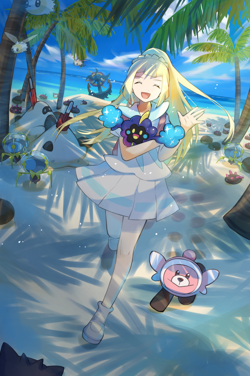 1girl :d asagi1111 backpack bag bangs blonde_hair closed_eyes cloud commentary_request cosmog cutiefly day dewpider dhelmise eyelashes highres holding holding_pokemon lillie_(pokemon) long_hair open_mouth outdoors palm_tree pleated_skirt pokemon pokemon_(creature) pokemon_(game) pokemon_sm pyukumuku sand sandygast shirt shoes short_sleeves skirt sky smile socks standing stufful tongue tree white_footwear white_legwear white_shirt white_skirt