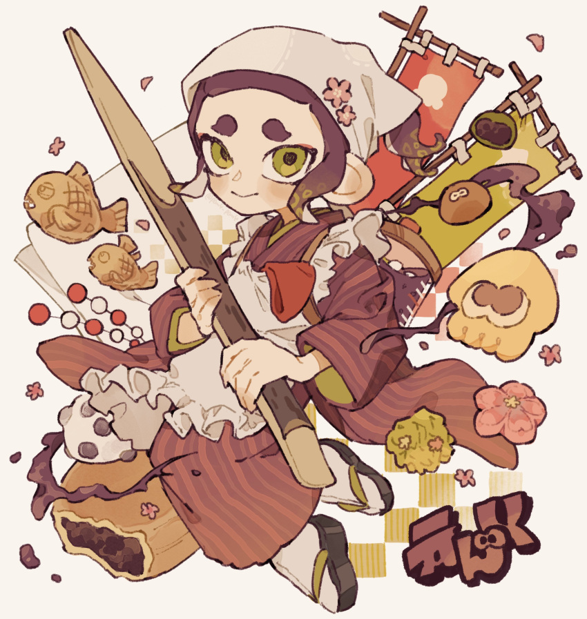 1boy absurdres apron banner closed_mouth commentary_request food frilled_apron frills full_body green_eyes hakama haori highres holding holding_stick japanese_clothes male_focus medium_hair octoling_boy octoling_player_character okobo p0m4_p0m4 red_hair sandals smile solo splatoon_(series) splatoon_3 stick tentacle_hair white_apron white_background white_headwear