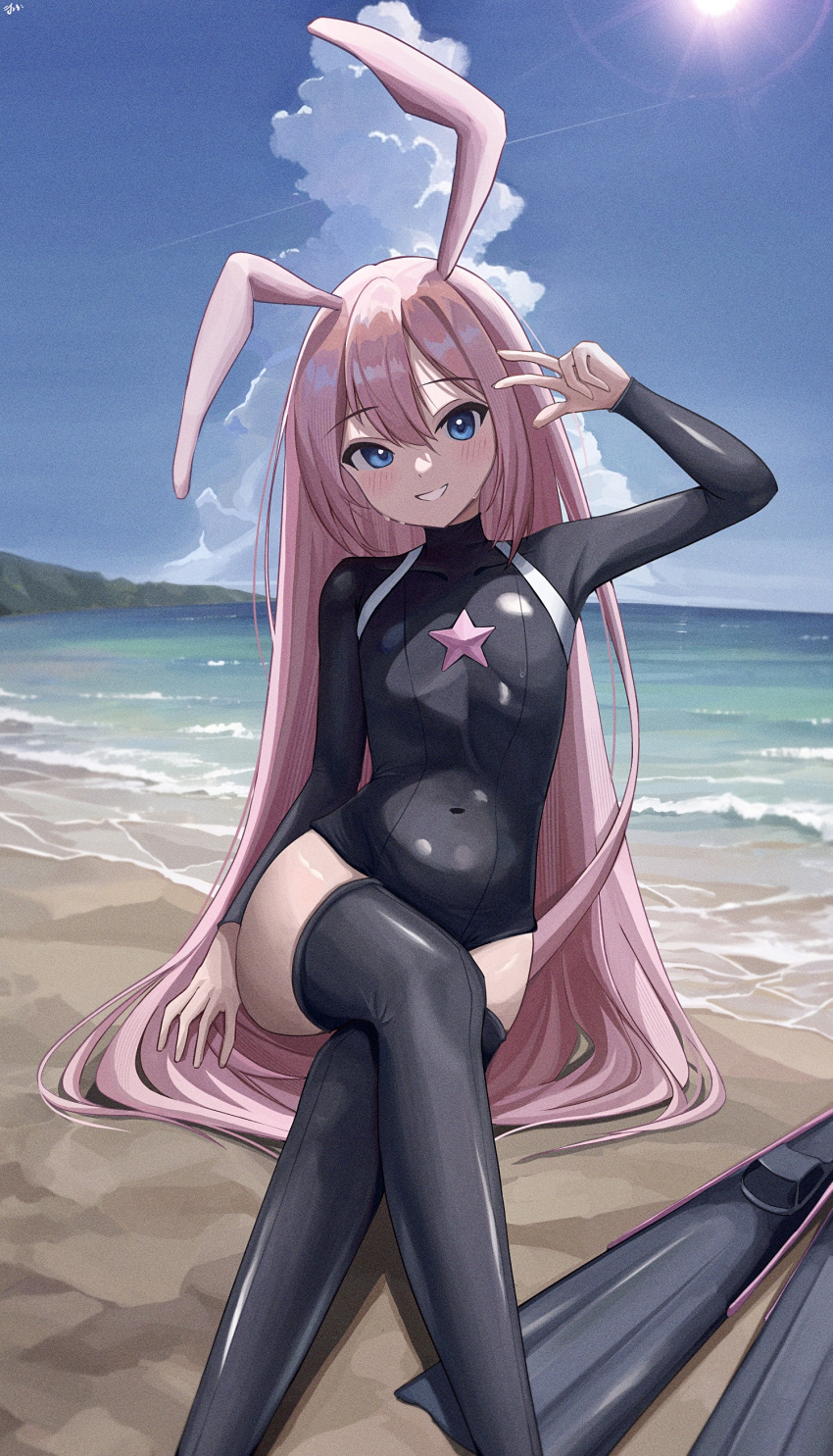 1girl absurdres animal_ears arm_up beach black_bodysuit black_thighhighs black_wetsuit blue_eyes blush bodysuit cloud commission covered_navel crossed_legs cumulonimbus_cloud diving_suit flippers flippers_removed highleg highleg_leotard highleg_springsuit highres leotard long_hair long_sleeves looking_at_viewer niokai original pink_hair pixiv_commission rabbit_ears sitting skeb_commission skin_tight smile sun sunlight swimsuit teeth thighhighs thighs turtleneck v very_long_hair water_drop wetsuit