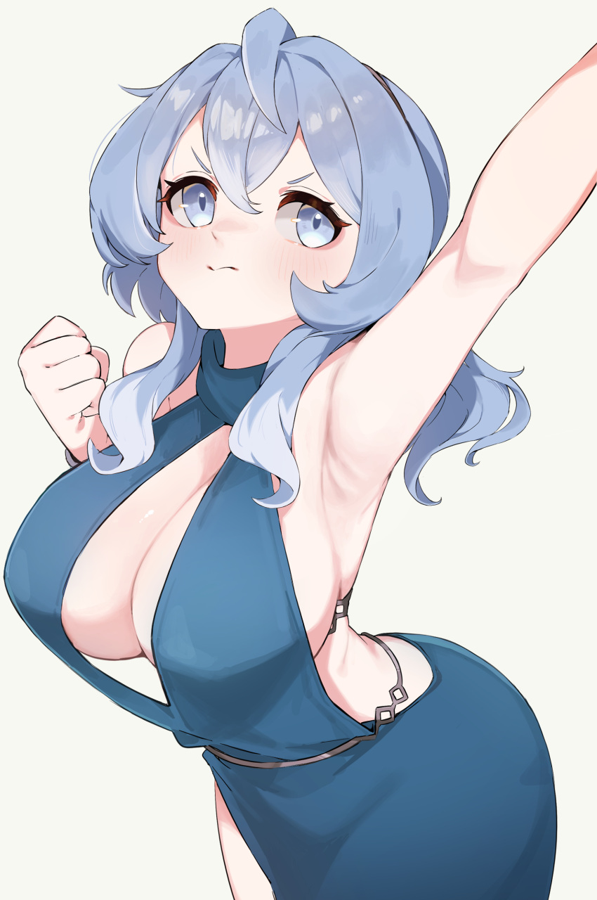 1girl absurdres ako_(blue_archive) ako_(dress)_(blue_archive) arm_up armpits blue_archive blue_eyes blue_hair blush breasts clenched_hand closed_mouth dress evening_gown grey_background highres large_breasts medium_hair official_alternate_costume sideless_dress sideless_outfit simple_background sleeveless sleeveless_dress solo yagantoegeun