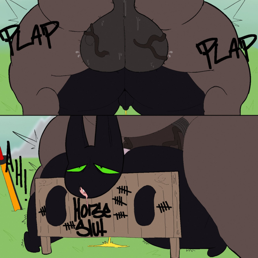 ahegao anthro anthro_on_feral balls bestiality big_butt big_penis black_body black_fur bodily_fluids brown_body brown_fur butt cartoon_network domestic_cat drooling duo english_text equid equine felid feline felis feral fur genitals grass green_eyes hi_res horse huge_penis humanoid_genitalia interspecies katana looking_pleasured male male/male mammal mao_mao:_heroes_of_pure_heart melee_weapon moan onomatopoeia outside outside_sex peeing peeing_while_penetrated penis pink_tongue plant restraints saliva shaking sheriff_mao_mao_mao size_difference small_balls small_penis sound_effects stankbank stocks sword sword_in_ground text tongue tremble_spikes trembling vein veiny_balls weapon writing_on_sign