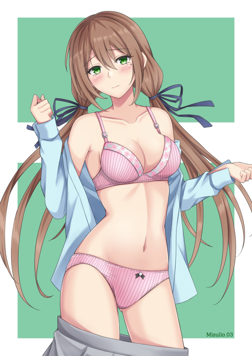 1girl blue_ribbon blue_shirt blush bow bow_panties bra breasts brown_hair closed_mouth clothes_pull commentary cowboy_shot crotch_seam dress_shirt english_commentary green_background green_eyes grey_skirt hair_ribbon highres light_frown long_hair long_sleeves looking_at_viewer low_twintails medium_breasts mixed-language_commentary mole mole_under_eye navel off_shoulder open_clothes open_shirt original panties pink_bra pink_girl_(rei) pink_panties pleated_skirt rei_(09991) ribbon shirt skirt skirt_pull solo striped_bra striped_clothes striped_panties twintails twitter_username underwear undressing very_long_hair