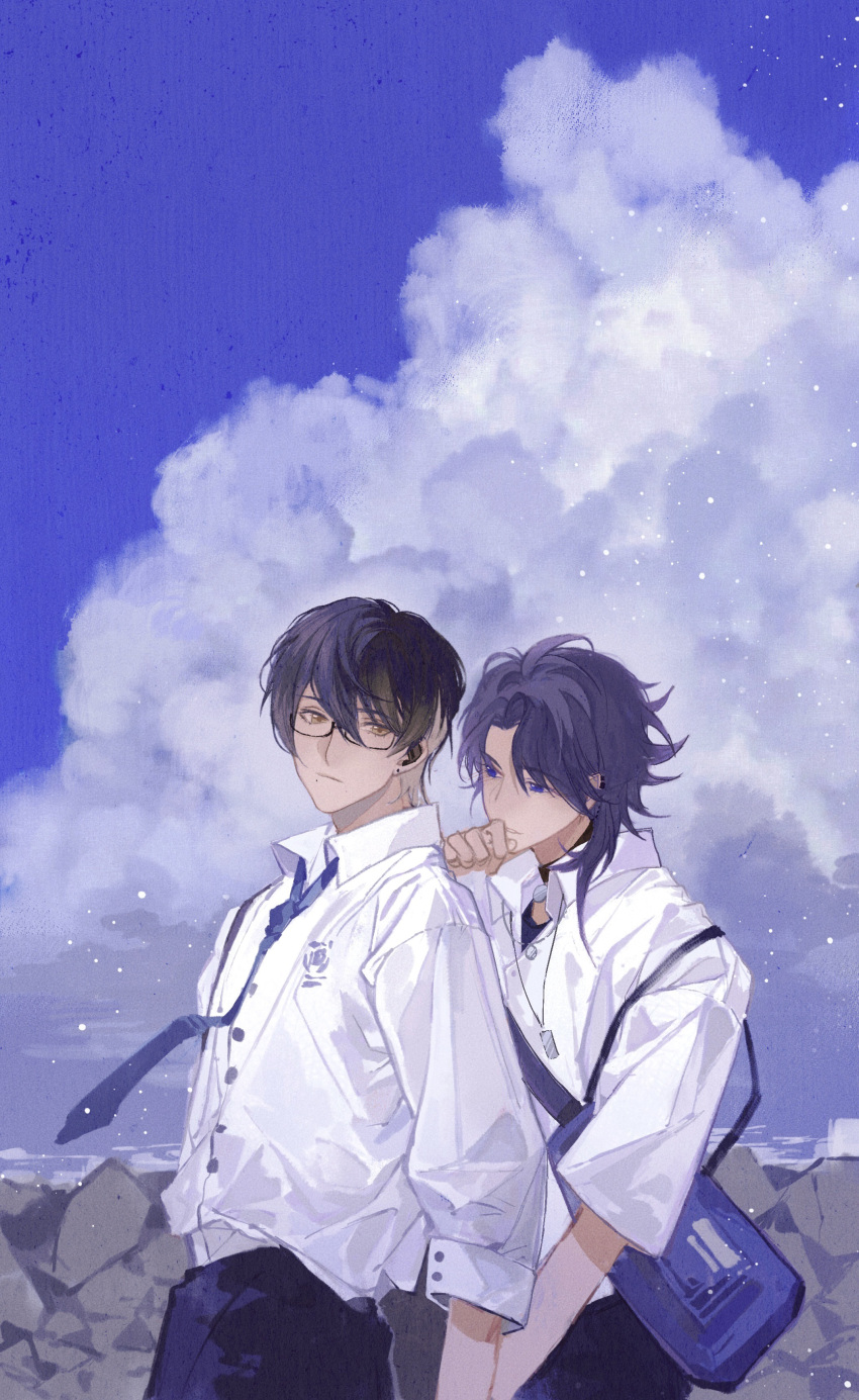 2boys absurdres black_hair black_pants blue_bag blue_eyes blue_hair blue_necktie blue_sky character_request chinese_commentary cloud collared_shirt copyright_request cumulonimbus_cloud ear_piercing earpiece earrings glasses hand_on_own_chin highres holding_hands jewelry light_particles long_sleeves looking_at_viewer male_focus mengxiaheqing multiple_boys necktie ocean outdoors pants pendant piercing rock school_uniform shirt short_hair short_sleeves sky strap upper_body white_shirt yaoi