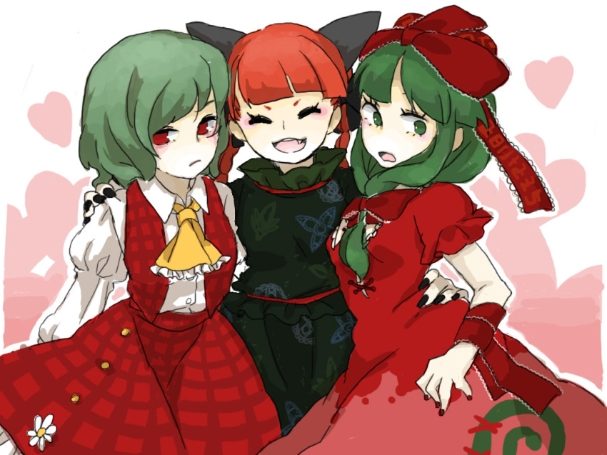 3girls arm_ribbon black_nails bow braid comatta dress front_ponytail green_hair hair_bow hair_ribbon hand_on_another's_hip hand_on_another's_shoulder kaenbyou_rin kagiyama_hina kazami_yuuka multiple_girls open_mouth puffy_short_sleeves puffy_sleeves red_dress red_eyes red_hair red_nails red_ribbon ribbon short_sleeves smile touhou twin_braids yuri