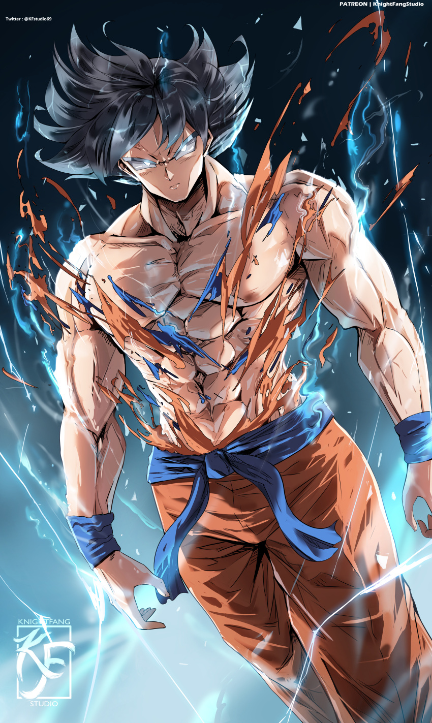 1boy abs absurdres artist_logo aura black_hair closed_mouth collarbone dougi dragon_ball highres knightfang large_pectorals muscular muscular_male patreon_username pectorals solo son_goku torn_clothes twitter_username ultra_instinct white_eyes