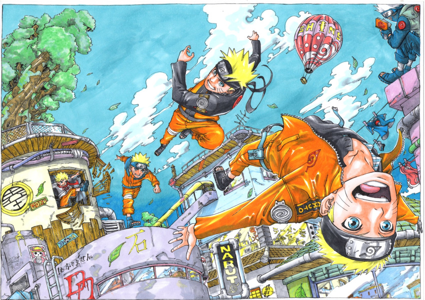 2boys age_progression aircraft black_shirt blonde_hair blue_eyes blue_sky building city cloud cloudy_sky copyright_name english_text forehead_protector graffiti hatake_kakashi highres hot_air_balloon jigme_tenzin_wangchuk jumping jumpsuit konohagakure_symbol leaf marker_(medium) multiple_boys naruto naruto_(series) one_piece open_mouth orange_jumpsuit outdoors running shirt short_hair sky smile teeth traditional_media tree uzumaki_naruto whiskers white_hair