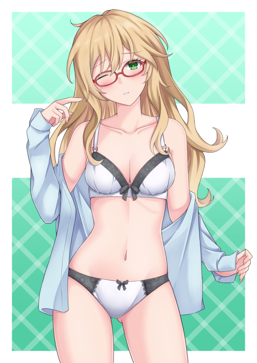 1girl blonde_hair blue_shirt blush bow bow_bra bow_panties bra breasts cleavage closed_mouth commentary cowboy_shot dress_shirt frown glasses green_background green_eyes groin highres light_smile long_hair long_sleeves looking_at_viewer medium_breasts messy_hair navel no_pants off_shoulder one_eye_closed open_clothes open_shirt original panties parted_lips red-framed_eyewear rei_(09991) shirt solo standing underwear undressing white_bra white_girl_(rei) white_panties