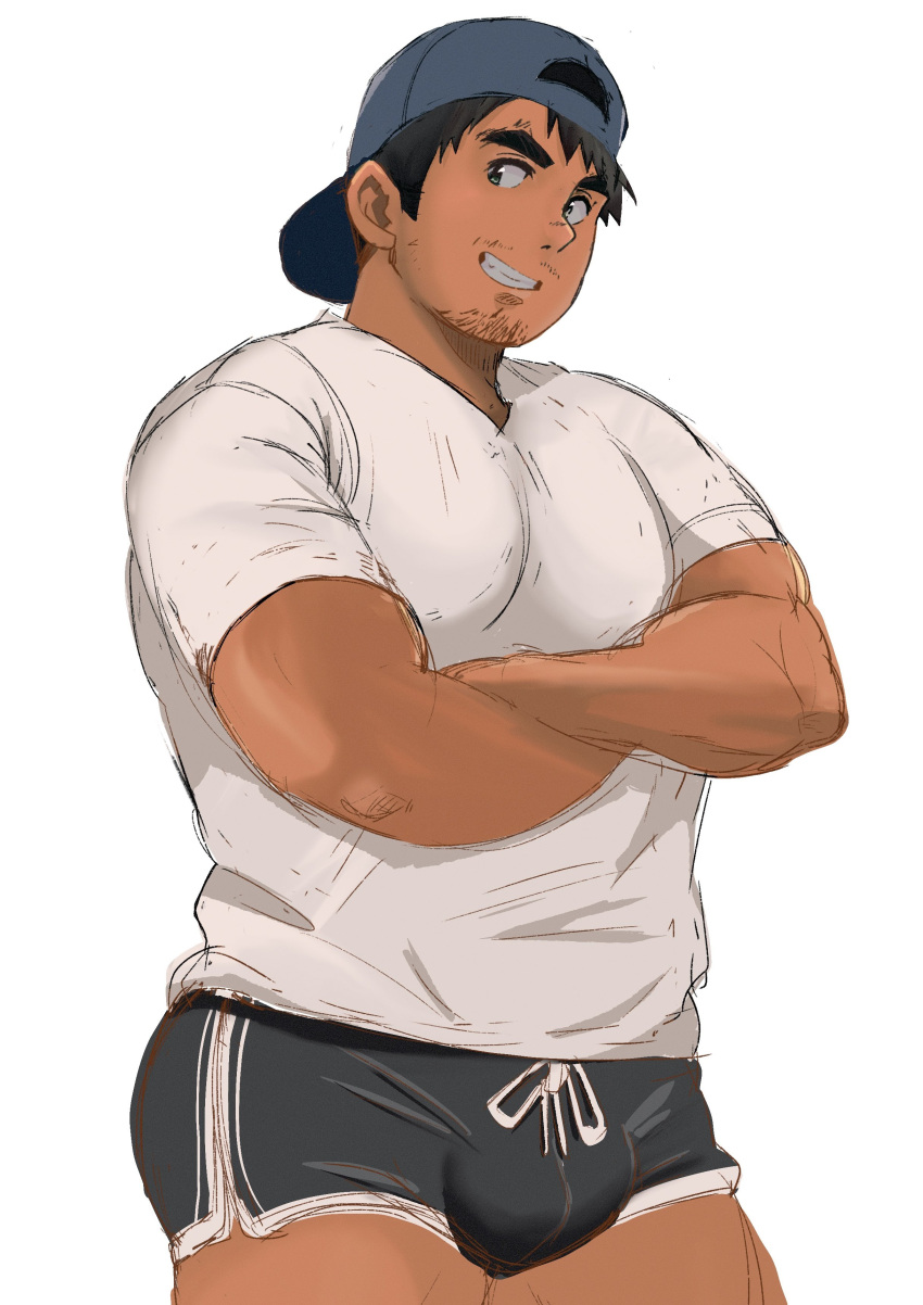 1boy absurdres backwards_hat bara bulge cowboy_shot crossed_arms dark-skinned_male dark_skin dolphin_shorts facial_hair goatee_stubble grin hat highres kosuke_(ksk11ksk11) male_focus mustache_stubble original pectorals plump short_hair shorts sideburns smile solo stubble thick_eyebrows