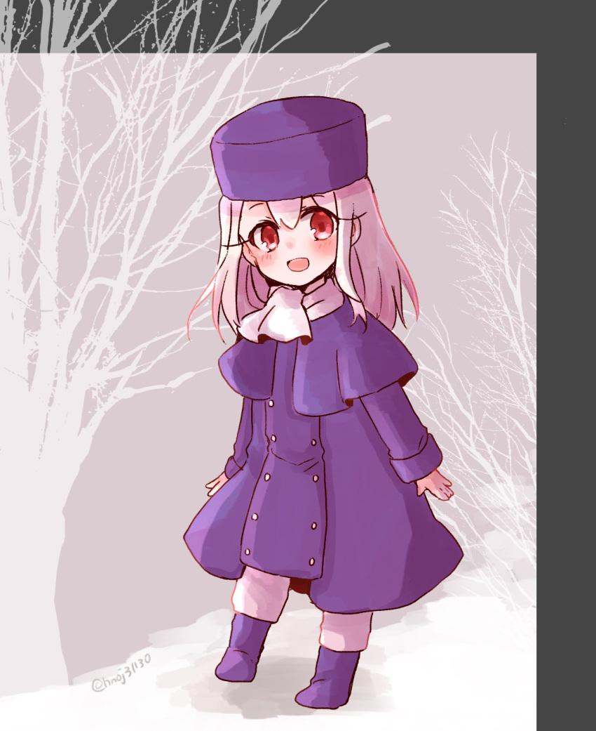 1girl blush coat fate/zero fate_(series) full_body fur_hat hat highres illyasviel_von_einzbern long_hair looking_at_viewer open_mouth papakha purple_coat purple_headwear red_eyes saihara scarf sketch smile solo white_hair