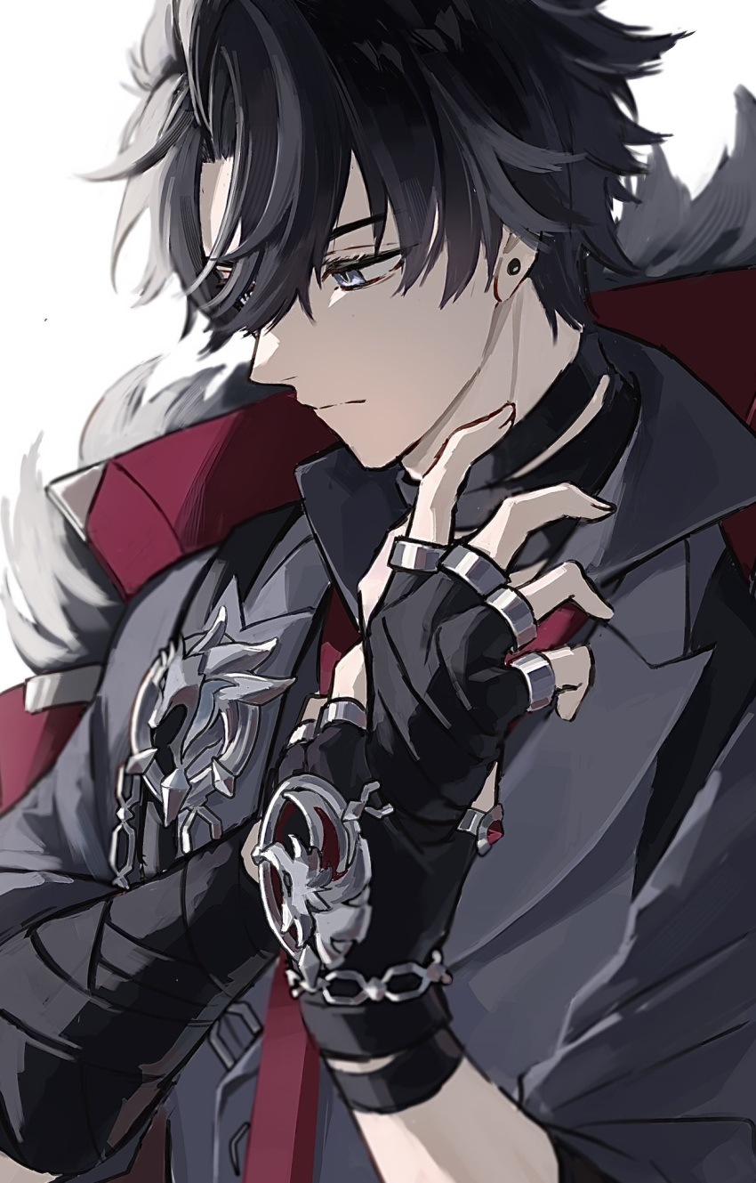 1boy bandaged_arm bandaged_neck bandages black_gloves black_hair black_shirt chain closed_mouth coat coat_on_shoulders collared_shirt commentary_request earrings fingerless_gloves frown fur-trimmed_coat fur_trim genshin_impact gloves grey_hair grey_vest hair_between_eyes highres jewelry lapels looking_down male_focus mskmmti multicolored_hair necktie parted_bangs purple_eyes red_necktie shirt short_hair short_sleeves simple_background solo streaked_hair stud_earrings upper_body vest white_background wriothesley_(genshin_impact)