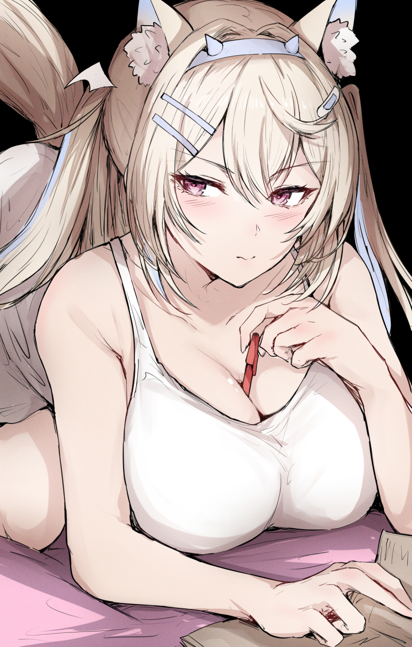 1girl animal_ear_fluff animal_ears bandaid bandaid_hair_ornament between_breasts blonde_hair blue_hair blush breasts cleavage dog_ears dog_girl dog_tail earrings fuwawa_abyssgard hair_ornament hairpin highres hololive hololive_english jewelry large_breasts long_hair looking_at_viewer multicolored_hair pink_eyes sak1_01 shirt solo streaked_hair tail two_side_up virtual_youtuber white_shirt