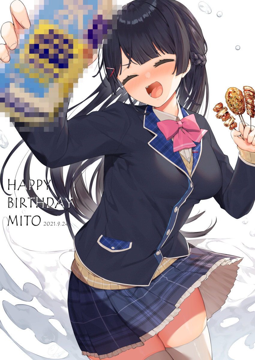 1girl black_hair black_jacket black_skirt blush bow bowtie braid breasts can censored character_name closed_eyes collared_shirt commentary_request cowboy_shot dated dress_shirt food french_braid hair_ornament hairclip happy_birthday highres holding holding_can holding_food itohana jacket long_hair long_sleeves medium_breasts miniskirt mosaic_censoring nijisanji open_mouth pink_bow pink_bowtie plaid plaid_skirt pleated_skirt school_uniform shirt skewer skirt smile solo straight_hair sweater thighhighs thighs tsukino_mito uniform virtual_youtuber white_background white_legwear white_shirt wing_collar yakitori yellow_sweater zettai_ryouiki