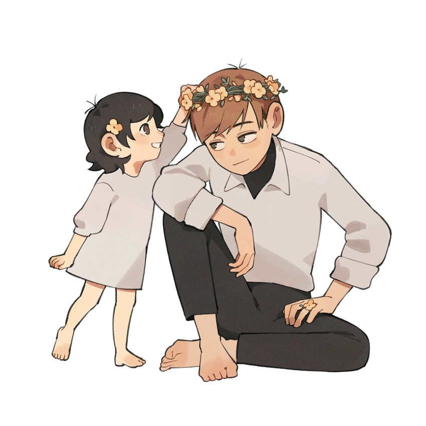 1boy 1girl arm_at_side arm_up bare_legs barefoot black_hair black_undershirt brown_eyes brown_hair chilchuck_tims child dress dungeon_meshi father_and_daughter flower flower_ring flower_wreath fullertom_(dungeon_meshi) hair_flower hair_ornament halfling head_wreath highres knee_up long_sleeves looking_at_another p1ngd0 profile putting_on_headwear shirt short_hair sideways_glance simple_background sitting sleeves_rolled_up smile standing standing_on_one_leg white_background white_dress white_shirt yellow_flower
