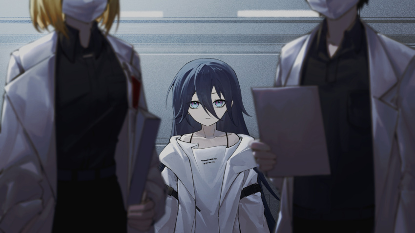 1boy 2girls aged_down black_hair black_shirt blonde_hair character_request coat dress grey_eyes hair_between_eyes highres hospital lab_coat lamia_(punishing:_gray_raven) long_bangs long_hair mask medium_hair mouth_mask multicolored_eyes multiple_girls punishing:_gray_raven purple_eyes ringed_eyes shirt short_hair surgical_mask white_coat white_dress zhou_huan_(dgpe2833)