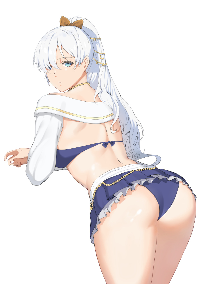 1girl absurdres anastasia_(fate) anastasia_(swimsuit_archer)_(fate) ass back blue_eyes blue_swimsuit bow closed_mouth copper crossed_arms eyebrows_visible_through_hair fate/grand_order fate_(series) from_side hair_between_eyes hair_bow hair_ornament hairclip highres jewelry long_hair looking_back necklace silver_hair solo swimsuit white_background