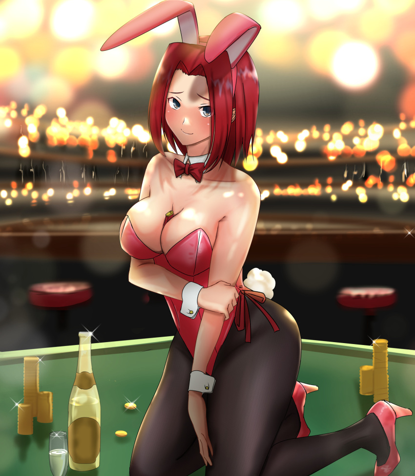 1girl animal_ears between_breasts black_legwear blue_eyes bottle bow bowtie breasts code_geass coin counter detached_collar fake_animal_ears high_heels highres kallen_stadtfeld kneeling leotard lighter medium_breasts official_alternate_costume pantyhose pink_footwear pink_leotard playboy_bunny rabbit_ears rabbit_tail red_bow red_bowtie red_hair short_hair solo stool strapless strapless_leotard table tail wrist_cuffs ykh1028
