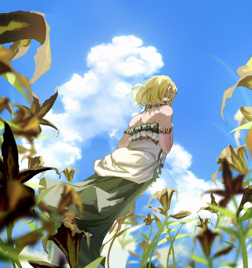 1girl blonde_hair blue_sky cloud cumulonimbus_cloud dress earrings flower from_behind highres jewelry merianaka necklace pointy_ears princess_zelda short_hair sky solo strapless strapless_dress the_legend_of_zelda the_legend_of_zelda:_tears_of_the_kingdom