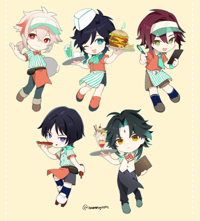 5boys :d ;d ahoge apron aqua_eyes aqua_hair aqua_neckerchief aqua_necktie aqua_shirt artist_name bag black_apron black_bag black_hair black_pants black_socks blue_pants blunt_ends bottle bow bowtie braid brown_footwear brown_shorts burger buttons cherry chibi choppy_bangs closed_mouth collared_shirt commentary_request crossed_bangs cup diamond-shaped_pupils diamond_(shape) double-breasted drinking_glass drinking_straw facial_mark fanny_pack food food_on_face forehead_mark french_fries fruit genshin_impact gradient_hair green_apron green_eyes green_footwear green_hair hand_up highres holding holding_bottle holding_food holding_menu holding_notepad holding_pen holding_tray hot_dog ice_cream ice_cream_float kaedehara_kazuha ketchup_bottle long_hair looking_at_viewer loose_socks low_ponytail male_focus melon_soda menu mmmgnsn mole mole_under_eye mug multicolored_hair multiple_boys neckerchief necktie notepad one_eye_closed open_mouth orange_apron orange_bow orange_bowtie orange_shirt orange_socks pants parted_bangs parted_lips pen ponytail purple_eyes red_eyes red_hair roller_skates scaramouche_(genshin_impact) shikanoin_heizou shirt shirt_tucked_in shoes short_hair short_sleeves shorts side_braids sidelocks simple_background skates smile socks streaked_hair striped_apron striped_clothes striped_shirt sundae swept_bangs symbol-shaped_pupils tilted_headwear tray twin_braids twitter_username v-shaped_eyebrows venti_(genshin_impact) vertical-striped_apron vertical-striped_clothes vertical-striped_shirt vest visor_cap waist_apron wanderer_(genshin_impact) white_footwear white_hair white_headwear white_shirt white_vest xiao_(genshin_impact) yellow_background yellow_eyes