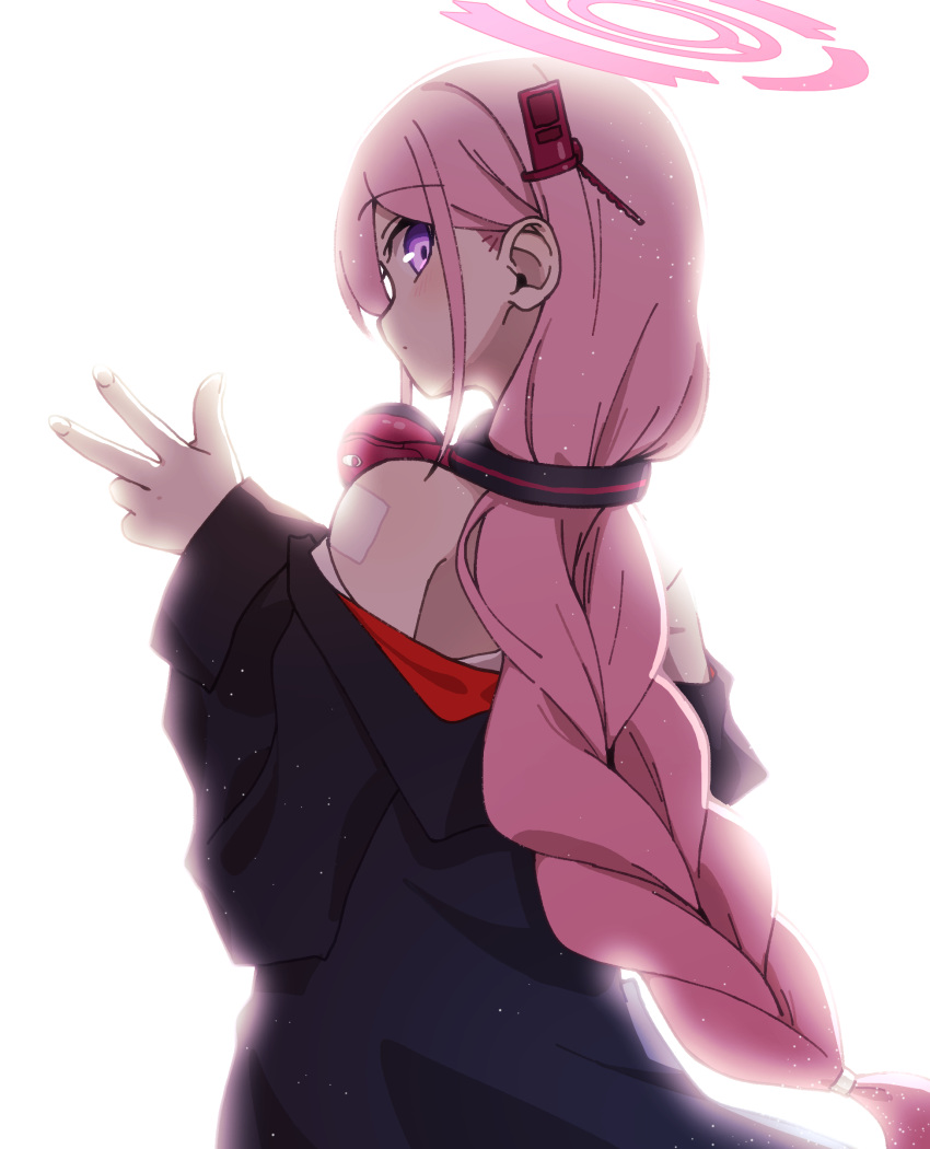 1girl absurdres black_jacket blue_archive braid eimi_(blue_archive) halo headphones headphones_around_neck highres jacket long_hair long_sleeves looking_back mei_mu open_clothes open_jacket pink_eyes pink_hair pink_halo simple_background single_braid solo upper_body v very_long_hair white_background