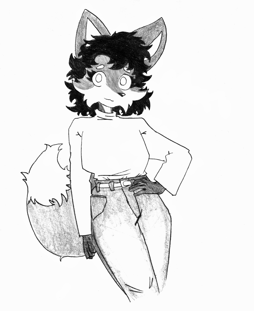 absurd_res belt black_hair bottomwear canid canine clothing denim denim_bottomwear denim_clothing efradraws eyebrows fox fur graphite_(artwork) hair hi_res jeans mammal monochrome multicolored_body multicolored_fur pants pencil_(artwork) sketch thick_eyebrows traditional_media_(artwork)