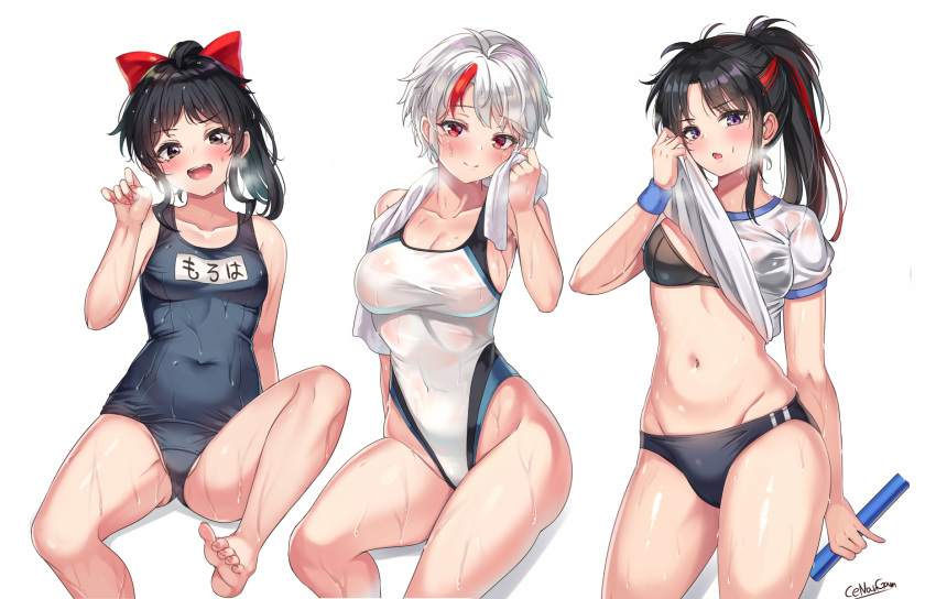 3girls artist_name bangs baton black_bra black_buruma black_eyes black_hair blue_swimsuit bow bra breasts buruma cenangam cleavage closed_mouth clothes_lift commentary competition_swimsuit cousins covered_navel double_vertical_stripe eyebrows_visible_through_hair groin gym_shirt gym_uniform hair_bow half-closed_eyes han'you_no_yashahime highleg highleg_swimsuit highres higurashi_towa holding inuyasha invisible_chair large_breasts lifted_by_self light_frown long_hair medium_breasts medium_hair moroha multicolored_hair multiple_girls name_tag navel old_school_swimsuit one-piece_swimsuit open_mouth ponytail purple_eyes red_bow red_eyes red_hair school_swimsuit see-through setsuna_(inuyasha) shirt shirt_lift short_hair short_sleeves siblings signature silver_hair simple_background sisters sitting skindentation small_breasts smile standing steam streaked_hair sweat swimsuit t-shirt towel towel_around_neck underwear wet wet_clothes wet_shirt wet_swimsuit white_background white_swimsuit wiping_sweat