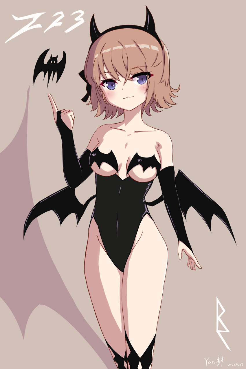 1girl absurdres azur_lane bare_shoulders bat_(animal) black_hairband black_leotard black_wings blush breasts bridal_gauntlets brown_background brown_hair closed_mouth collarbone commentary_request dated demon_horns demon_wings fake_horns feet_out_of_frame groin hair_between_eyes hairband hand_up highres horns index_finger_raised leotard looking_at_viewer low_wings medium_breasts purple_eyes rock_zinc signature simple_background smile solo standing wings z23_(azur_lane)