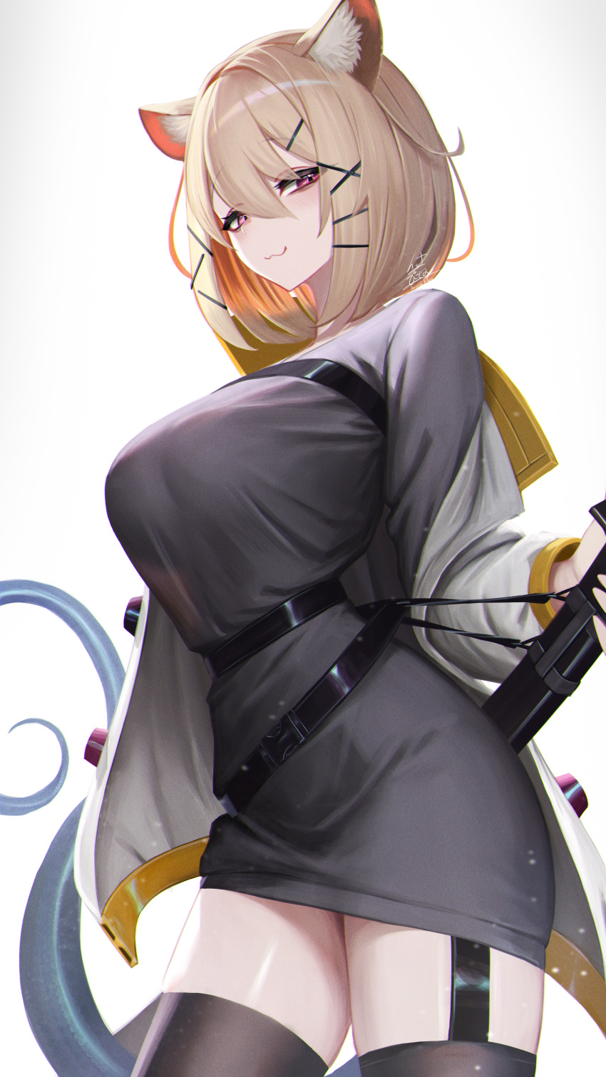 1girl :3 absurdres animal_ear_fluff animal_ears arknights black_thighhighs blonde_hair breasts closed_mouth commentary_request cowboy_shot dress grey_dress hair_ornament highres ikasamahideo jacket large_breasts long_sleeves looking_at_viewer open_clothes open_jacket red_eyes short_hair tail thighhighs utage_(arknights) weapon weapon_on_back white_background white_jacket x_hair_ornament
