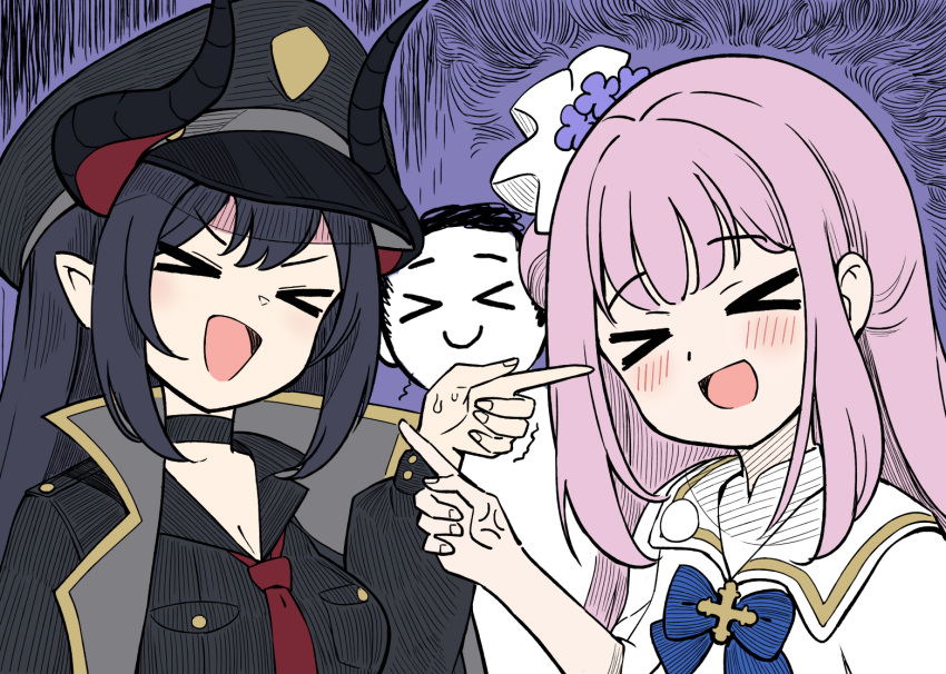 1boy 2girls black_choker black_hair black_headwear black_horns black_shirt blue_archive breasts chiaki_(blue_archive) choker cleavage collared_shirt demon_horns doodle_sensei_(blue_archive) dress hair_bun hat hm_(hmongt) horns long_hair long_sleeves mika_(blue_archive) multiple_girls necktie open_mouth peaked_cap pink_hair pointy_ears red_necktie sensei_(blue_archive) shirt single_side_bun smile white_dress