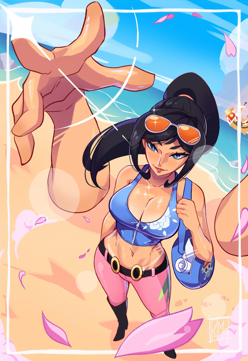1girl absurdres bag beach belt black_hair blue_eyes blue_shirt boots cloud commentary crop_top english_commentary extra_arms eyewear_on_head from_above full_body highres one_piece pants petals pimozzarella pink_pants ponytail shirt sidelocks sky smile solo thousand_sunny zipper