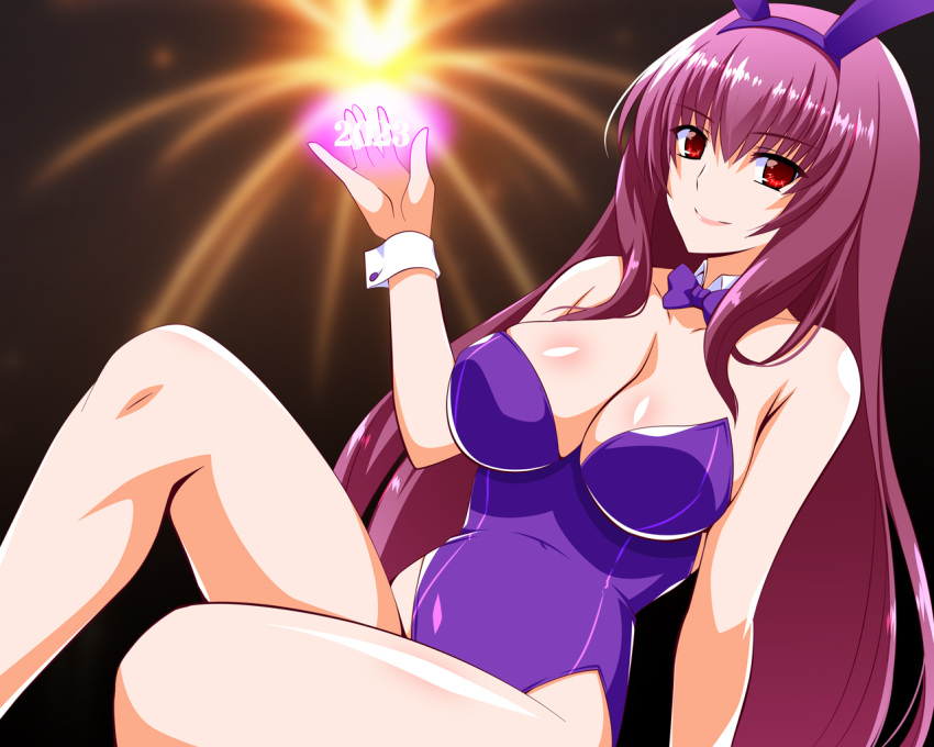 1girl animal_ears breasts chinese_zodiac engo_(aquawatery) fake_animal_ears fate/grand_order fate_(series) leotard long_hair looking_at_viewer playboy_bunny purple_hair purple_leotard red_eyes scathach_(fate) scathach_(piercing_bunny)_(fate) smile solo strapless strapless_leotard year_of_the_rabbit