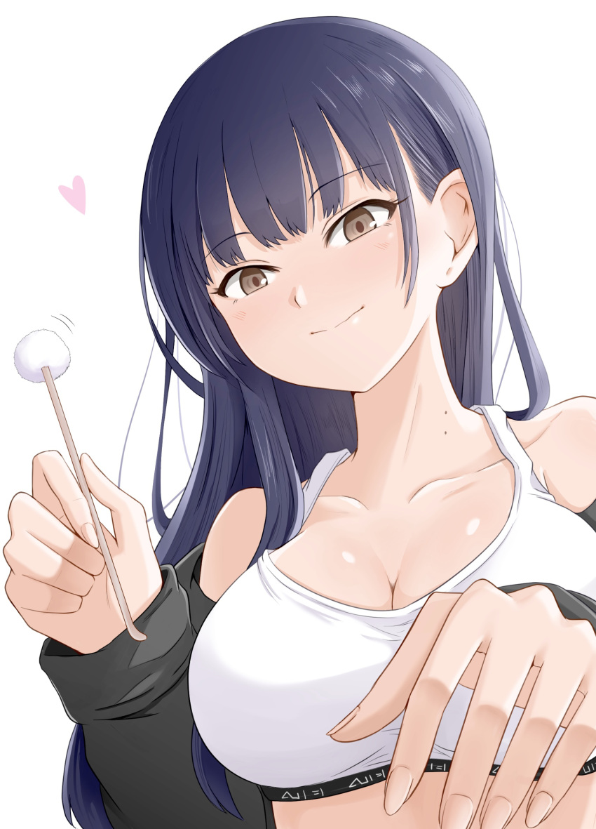 1girl absurdres black_jacket blue_hair boku_no_kokoro_no_yabai_yatsu breasts brown_eyes cleavage closed_mouth collarbone dark_blue_hair heart highres holding jacket large_breasts light_smile long_hair long_sleeves looking_at_viewer mimikaki mole mole_on_neck multiple_moles off_shoulder open_clothes open_jacket reaching reaching_towards_viewer sacra_(sacrabokuyaba) simple_background solo sports_bra upper_body white_background white_sports_bra yamada_anna