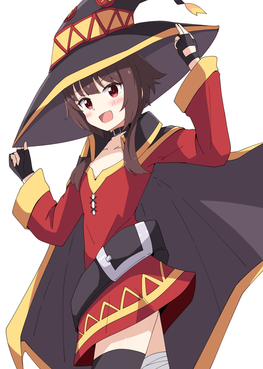 1girl :d absurdres aikawa_ryou arms_up bandaged_leg bandages belt belt_buckle black_belt black_cape black_headwear black_thighhighs blush brown_hair buckle cape collarbone commentary_request dress hands_on_headwear hat highres kono_subarashii_sekai_ni_shukufuku_wo! long_hair long_sleeves looking_at_viewer megumin red_dress red_eyes simple_background single_thighhigh smile solo thighhighs v-shaped_eyebrows white_background wide_sleeves witch_hat