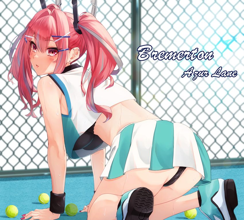 1girl absurdres all_fours ass azur_lane ball bare_shoulders black_bra black_panties black_wristband blurry blurry_background blush bra breasts bremerton_(azur_lane) bremerton_(scorching-hot_training)_(azur_lane) chain-link_fence character_name copyright_name crop_top crop_top_overhang ear_piercing earrings fence fingernails green_footwear green_shirt grey_hair hair_between_eyes hair_intakes hair_ornament hairclip highres huge_breasts jewelry kento_(kentdrawing) long_hair looking_at_viewer looking_back multicolored_hair nail_polish nose official_alternate_costume open_mouth panties piercing pink_nails red_eyes red_hair shirt shoe_soles shoes sneakers solo sportswear streaked_hair stud_earrings sweat tennis tennis_ball tennis_uniform thighs twintails two-tone_hair two-tone_shirt two-tone_skirt underwear white_shirt wristband x_hair_ornament