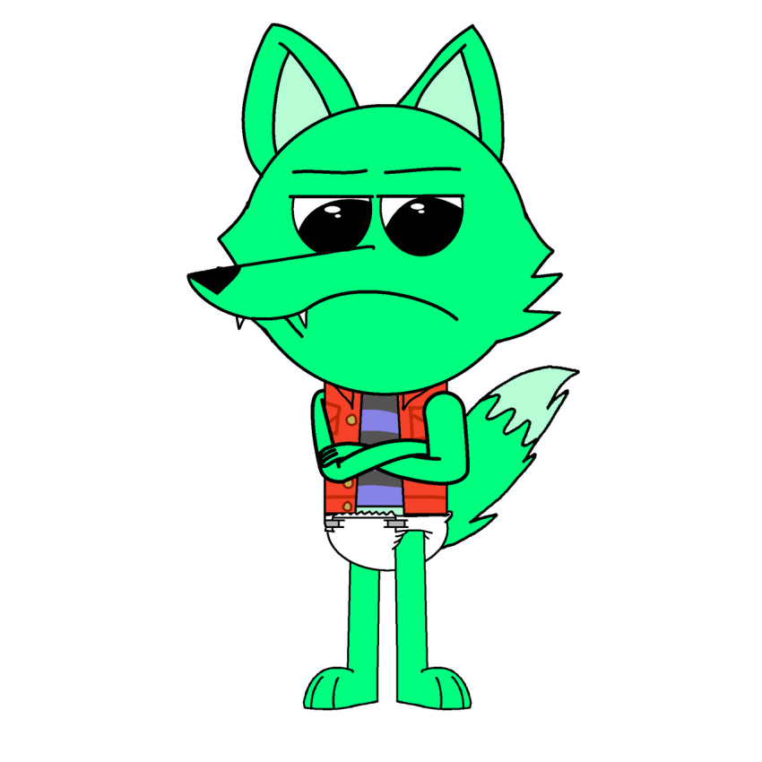 1boy annoyed artist_self-insert commentary crossed_arms diaper english_commentary furry furry_male green_fur highres no_pants original red_vest shirt simple_background solo striped_clothes striped_shirt transparent_background vest william williamthewolf0102 wolf_boy