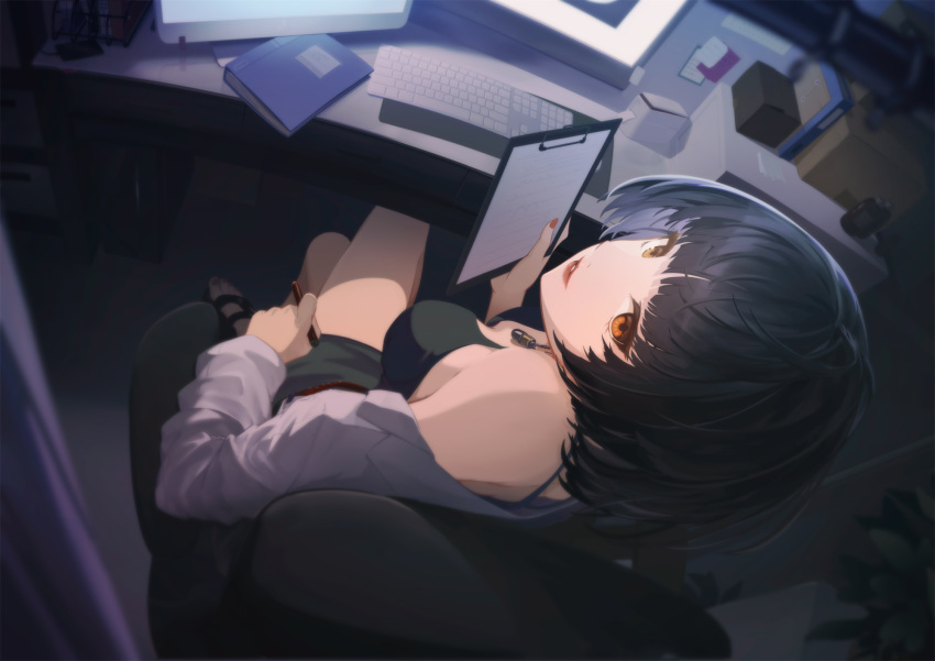 1girl black_dress black_hair clipboard computer crossed_legs desk dress highres holding holding_clipboard jewelry keyboard_(computer) lancefate long_sleeves looking_at_viewer looking_back monitor necklace orange_eyes persona persona_5 shirt short_hair takemi_tae white_shirt