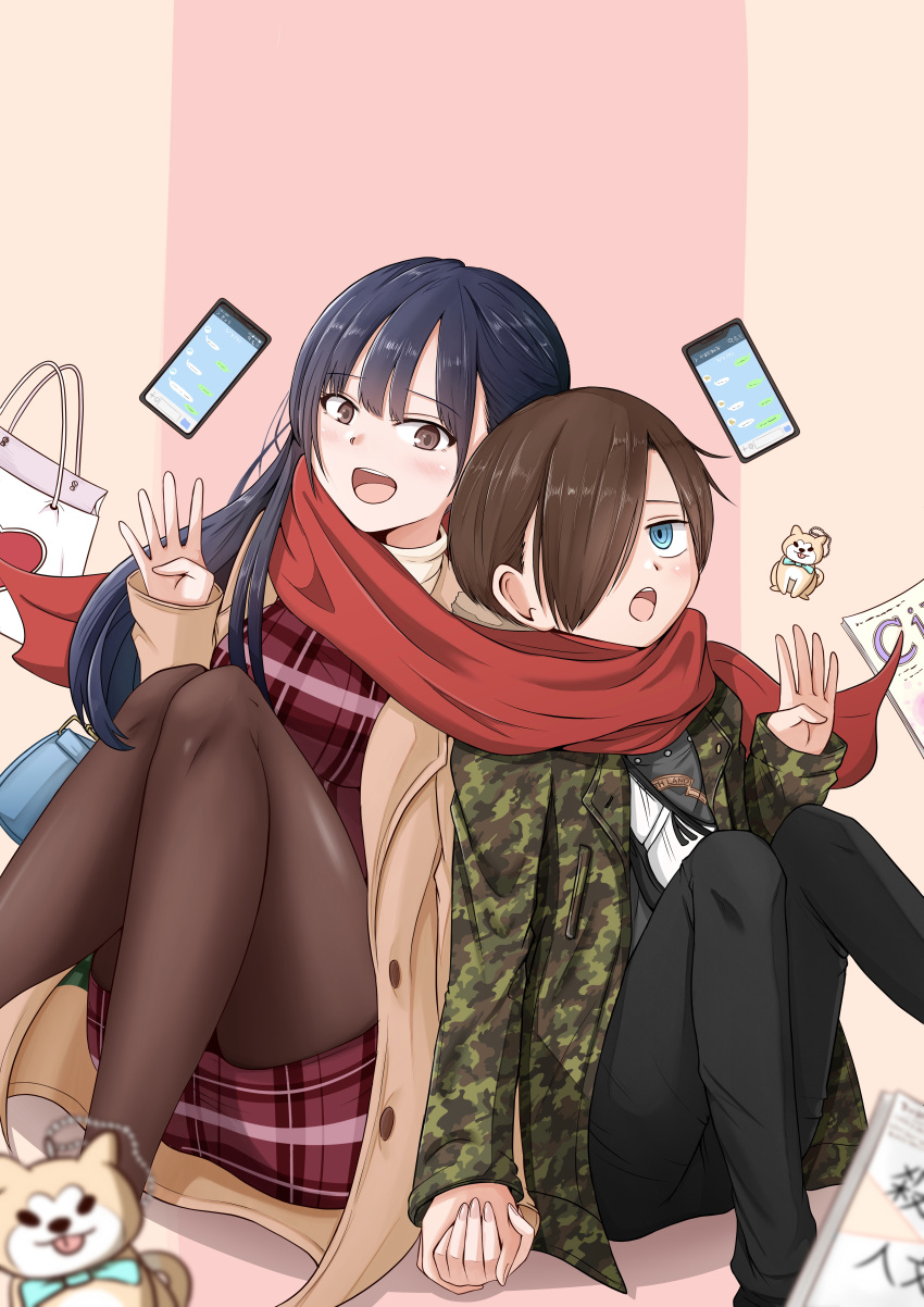 1boy 1girl absurdres bag black_pants blue_hair boku_no_kokoro_no_yabai_yatsu book brown_eyes brown_hair brown_pantyhose camouflage camouflage_jacket cellphone charm_(object) coat dark_blue_hair dress hair_over_one_eye hand_up highres holding_hands ichikawa_kyoutarou jacket long_hair long_sleeves looking_at_another open_mouth pants pantyhose phone plaid plaid_dress red_dress red_scarf ringed_eyes sacra_(sacrabokuyaba) scarf shared_clothes shared_scarf short_hair sitting smartphone white_coat yamada_anna