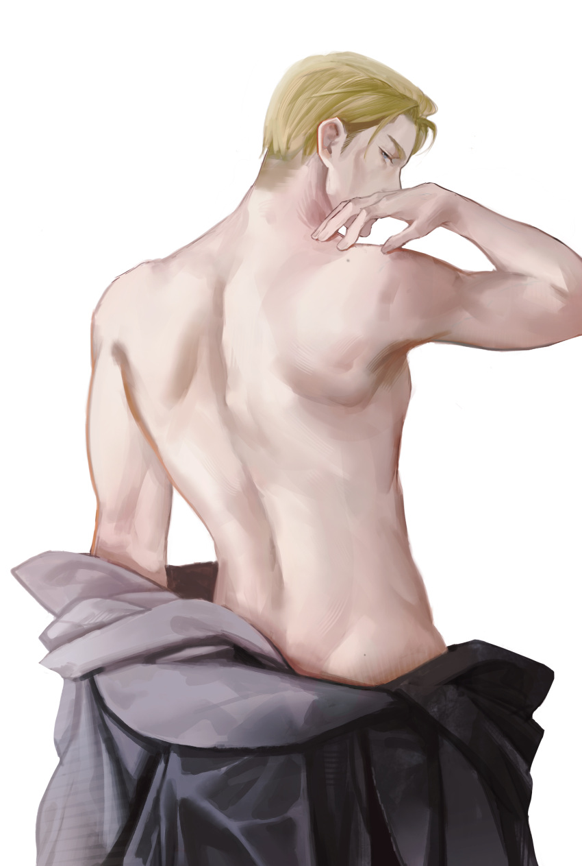 1boy absurdres arm_at_side at_wang back black_robe blonde_hair blue_eyes chinese_commentary clothes_down covered_mouth cowboy_shot erwin_smith from_behind hand_on_own_shoulder hand_up highres looking_at_viewer male_focus mole mole_on_ass mole_on_back multiple_moles profile robe shingeki_no_kyojin shoe_blade short_hair sideburns sideways_glance solo topless_male