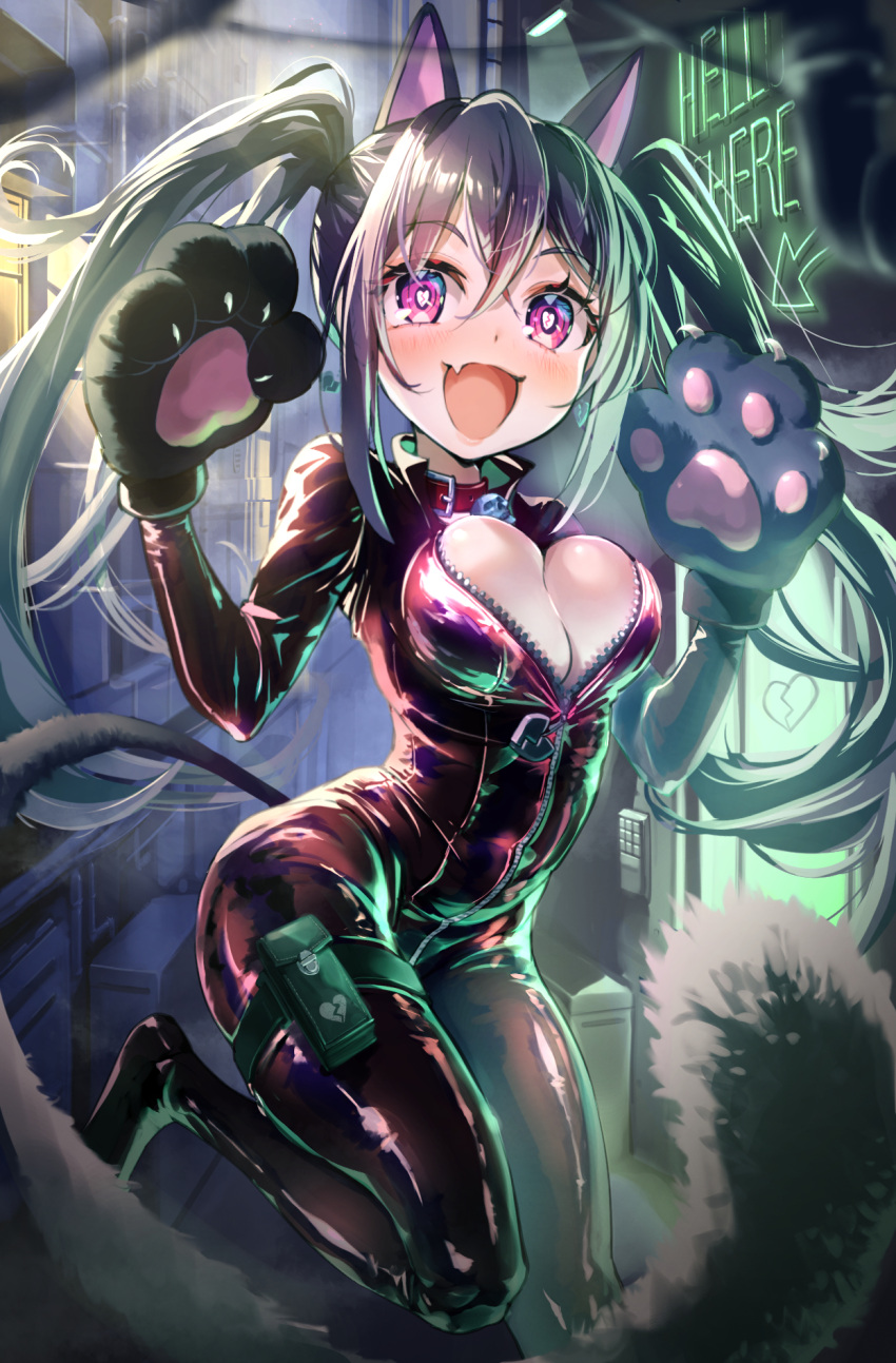 1girl :d animal_collar animal_ears animal_hands bodysuit breasts breasts_squeezed_together broken_heart broken_heart_print cat_ears cat_paws cat_tail catsuit city claws cleavage collar fang gloves heart heart-shaped_pupils highres keypad kouzaku_mitori large_breasts latex latex_bodysuit long_hair neon_lights night open_mouth paw_gloves purple_eyes purple_hair sidelocks skin_fang skull_ornament smile solo standing standing_on_one_leg symbol-shaped_pupils tail thigh_pouch thigh_strap toaru_kagaku_no_railgun toaru_majutsu_no_index twintails yonabe zipper zipper_pull_tab
