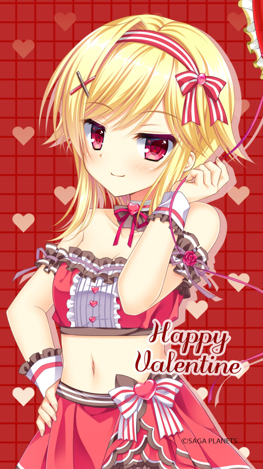 1girl alternate_costume bare_shoulders blonde_hair blush bow breasts center_frills cleavage closed_mouth collarbone company_name cowboy_shot cropped_shirt detached_collar eyelashes fingernails flower frilled_cuffs frilled_shirt frills hair_bow hair_ornament hand_on_own_hip hand_up happy_valentine heart heart-shaped_ornament heart_background highres holding kin-iro_loveriche looking_at_viewer medium_hair moribe_(rabumanyo) navel neck_ribbon off-shoulder_shirt off_shoulder official_art official_wallpaper red_background red_bow red_eyes red_flower red_ribbon red_rose red_shirt red_skirt ribbon rose shirt sidelocks simple_background single_hair_intake skirt smile solo souma_ria striped_bow swept_bangs white_wrist_cuffs wrist_cuffs x_hair_ornament