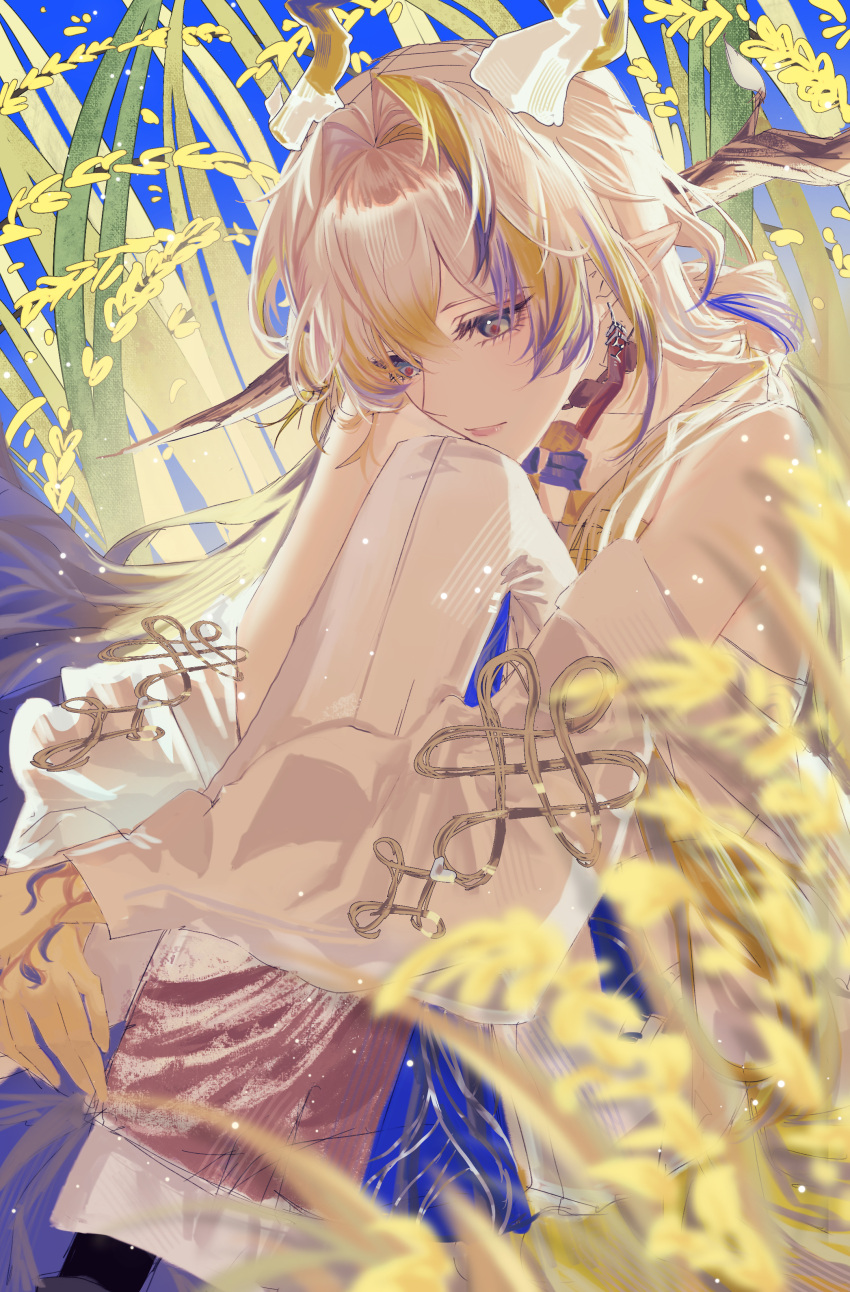 1girl :| absurdres arknights blonde_hair blue_background blue_hair blurry blurry_foreground branch closed_mouth collarbone colored_skin dragon_girl dragon_horns earrings expressionless feet_out_of_frame grey_eyes grey_hair hair_between_eyes hair_intakes hair_ornament hair_stick highres horns hugging_own_legs jacket jewelry jiang_an_lant knees_to_chest lips long_hair long_sleeves looking_down multicolored_hair necklace pants pointy_ears red_pupils rice_(plant) shu_(arknights) sidelocks sitting solo streaked_hair tassel tassel_earrings very_long_hair white_jacket white_pants