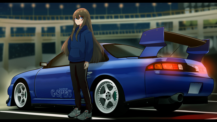 1girl absurdres air_max air_max_97 asamiya_mariko black_pants blue_car blue_eyes blue_hoodie blurry blurry_background borrowed_character brown_hair car daikoku_parking_area drawstring glowing highres hood hood_down hoodie long_hair looking_at_viewer manziqr motor_vehicle nike_(company) nissan nissan_s14_silvia nissan_silvia original pants shadow smile spoiler_(automobile) sponsor sports_car vehicle_focus very_long_hair