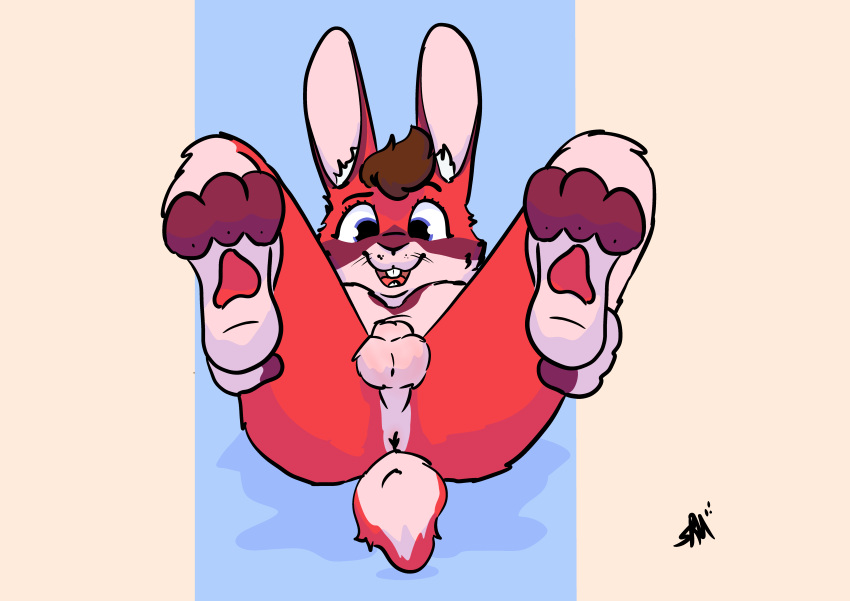 absurd_res anatomically_correct anatomically_correct_genitalia animal_genitalia anthro anus balls balls_blush blush body_blush brown_hair fur genitals hair hi_res lagomorph leporid male mammal paws purple_eyes rabbit rabbit_ears raposanaranja red_body red_fur scut_tail shaded short_tail simple_background simple_shading smile smiling_at_viewer solo spread_anus spreading tail tan_body tan_fur whiskers