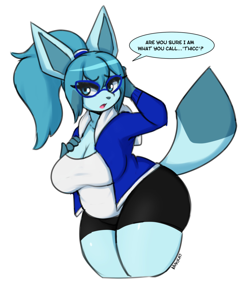 2024 accessory anthro big_breasts blue_body blue_eyes blue_hair bottomwear breasts clothing dialogue eeveelution eyewear generation_4_pokemon glaceon glasses hair hair_accessory hair_tie hand_on_chest hi_res hoodie i_am_kat95 looking_at_viewer nintendo open_mouth pokemon pokemon_(species) ponytail shirt shorts slightly_chubby solo thick_thighs topwear