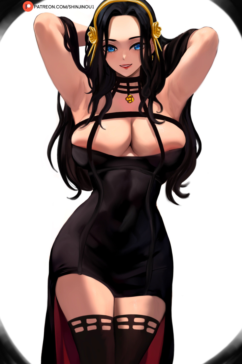 1girl absurdres arms_behind_head bare_shoulders black_dress black_footwear black_hair blue_eyes boots breasts cleavage cosplay dress earrings gold_hairband hairband highres jewelry knife lady_shin large_breasts long_hair looking_at_viewer nico_robin one_piece sheath sheathed sidelocks smile solo spy_x_family thigh_boots thighhighs weapon yor_briar yor_briar_(cosplay) zettai_ryouiki