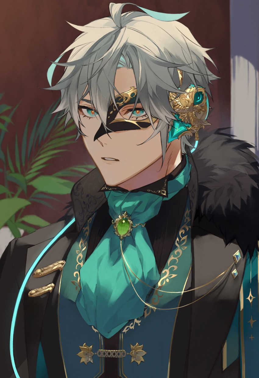 1boy ahoge alhaitham_(genshin_impact) aqua_ascot aqua_hair aqua_vest ascot black_coat black_mask black_shirt blurry blurry_background brooch cable coat collared_shirt commentary english_commentary fur-trimmed_coat fur_trim gem genshin_impact green_eyes green_gemstone grey_hair hair_between_eyes half_mask headphones highres indoors jewelry kichi_owo lapel_pin lapels looking_at_viewer male_focus mask masquerade_mask multicolored_hair parted_bangs parted_lips plant shirt short_hair sidelocks solo upper_body vest